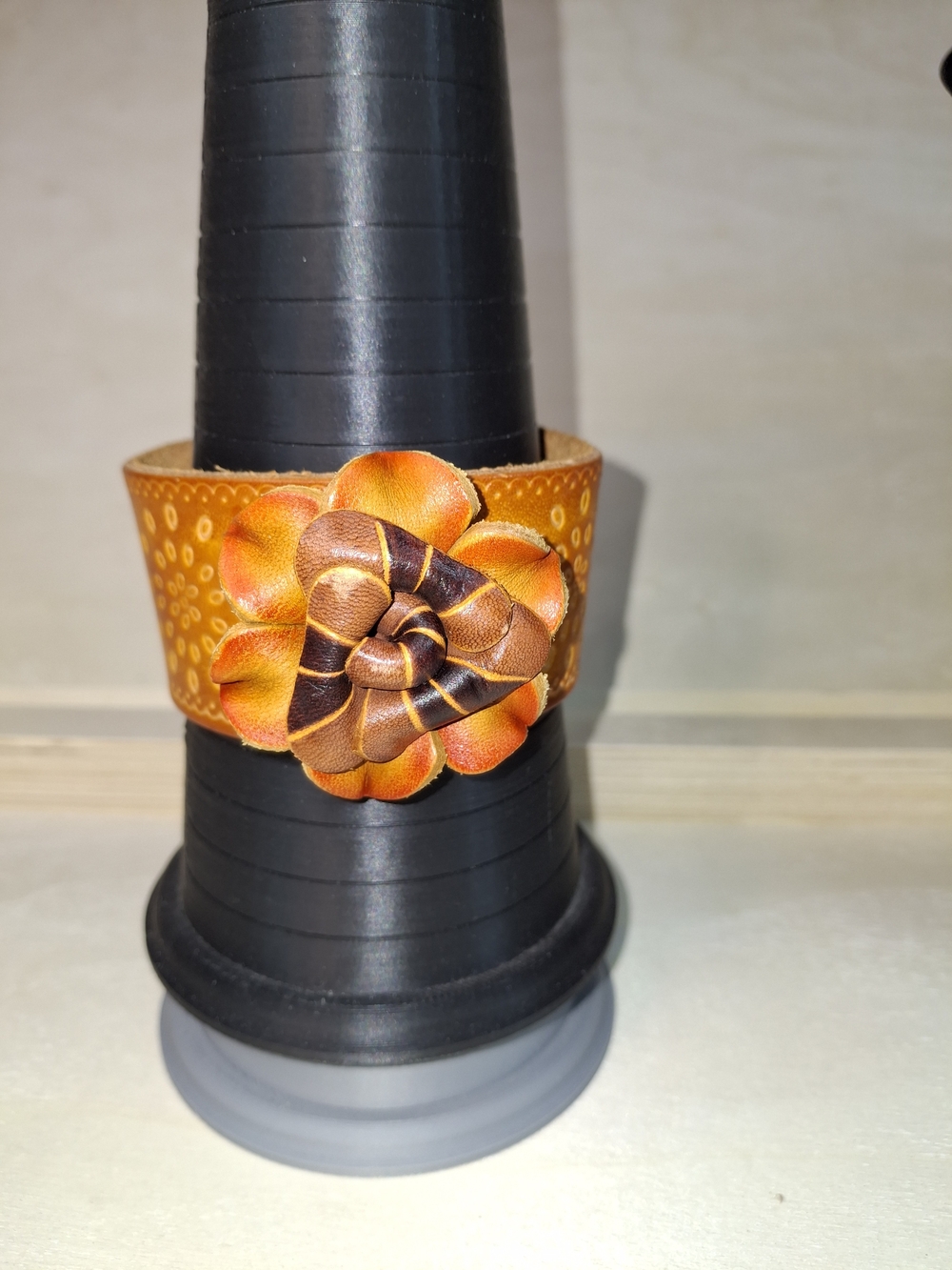 Tong Sheng Handcrafted Orange Leather Flower Cuff Bracelet